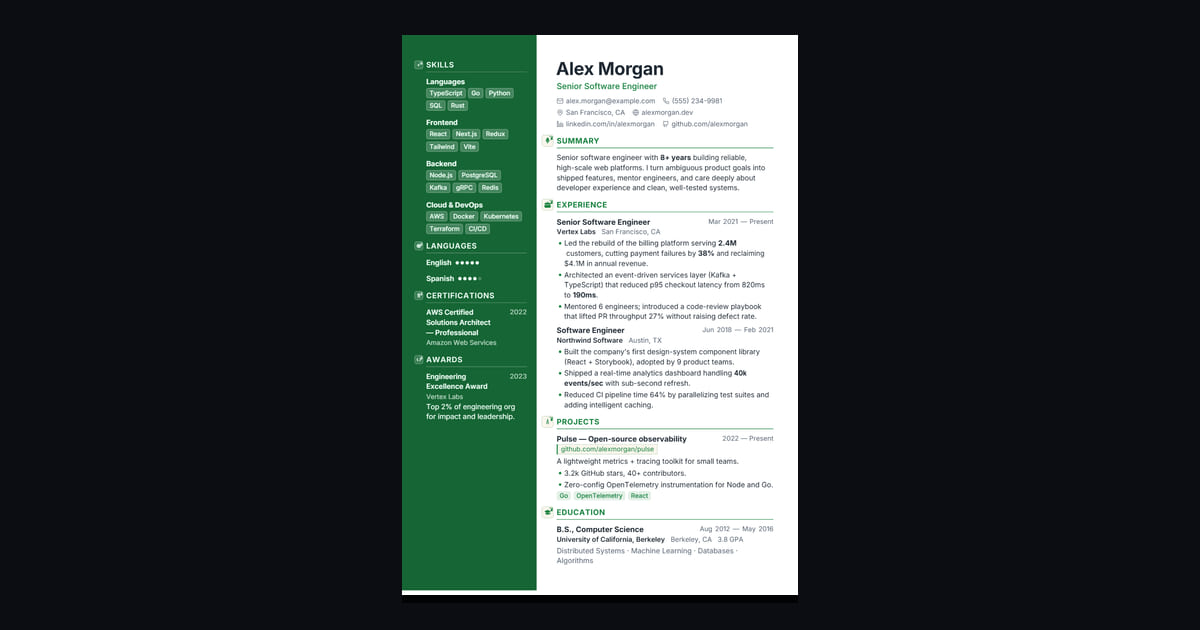 Verde résumé template: Fresh two-column with a forest-green sidebar, a circular photo, and skill pills — natural, modern…